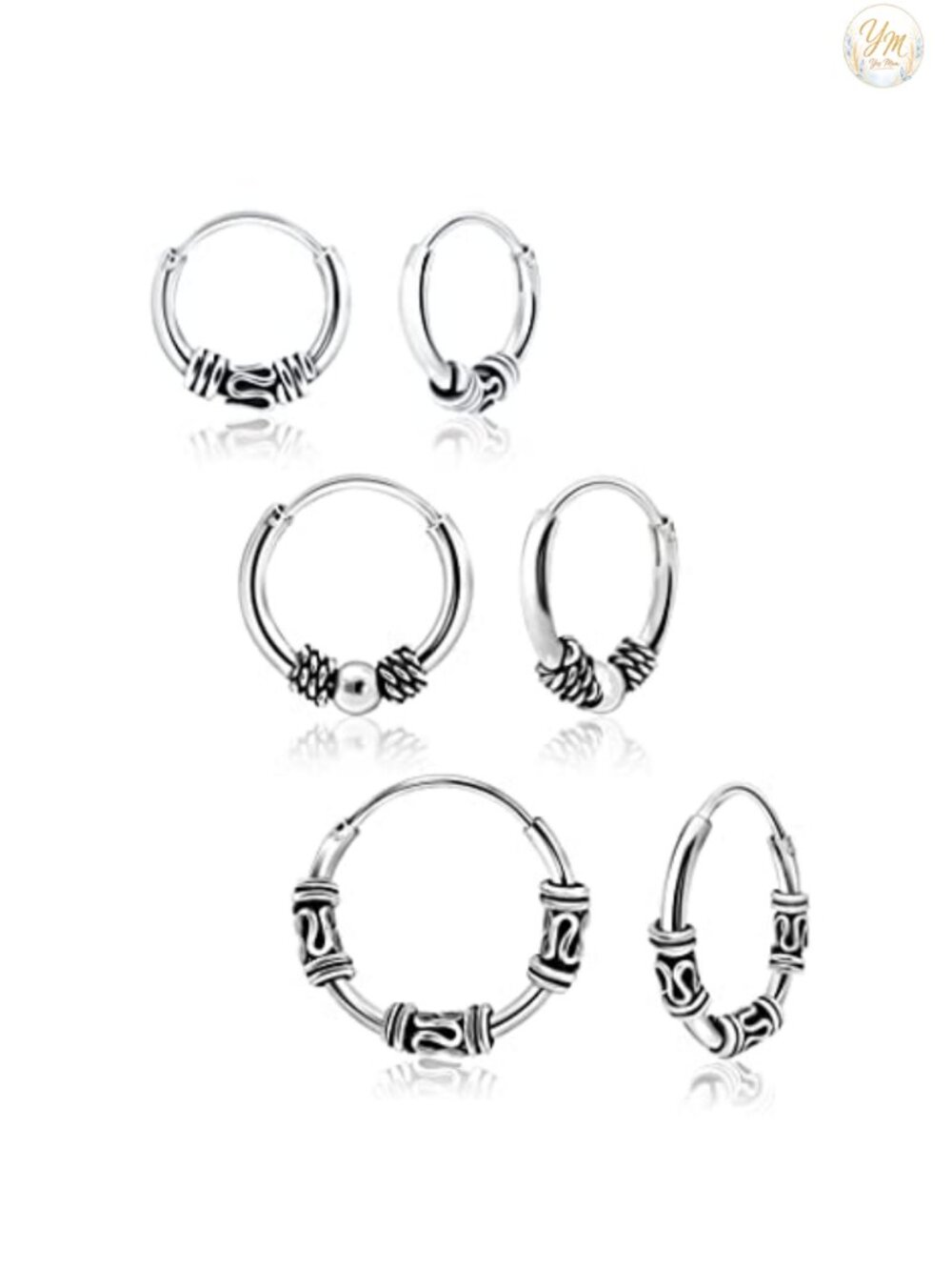925 Sterling Silver Bali Bead Endless Hoop Earrings Set of 3 Pairs